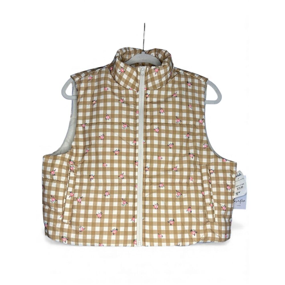 Lovefire Womens Yellow Cropped Puffer Quilted Vest Sz L Gingham Cottagecore NWT